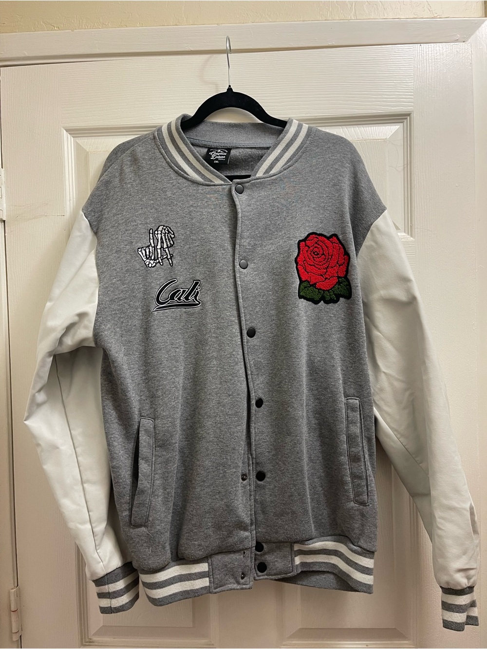 Grey and White Varsity Jacket with Red Rose Embroidery 2XL orginal deluxe supply